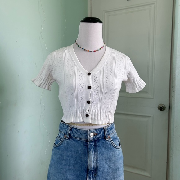 Tops - Korean Fashion White Knit Cottagecore Top